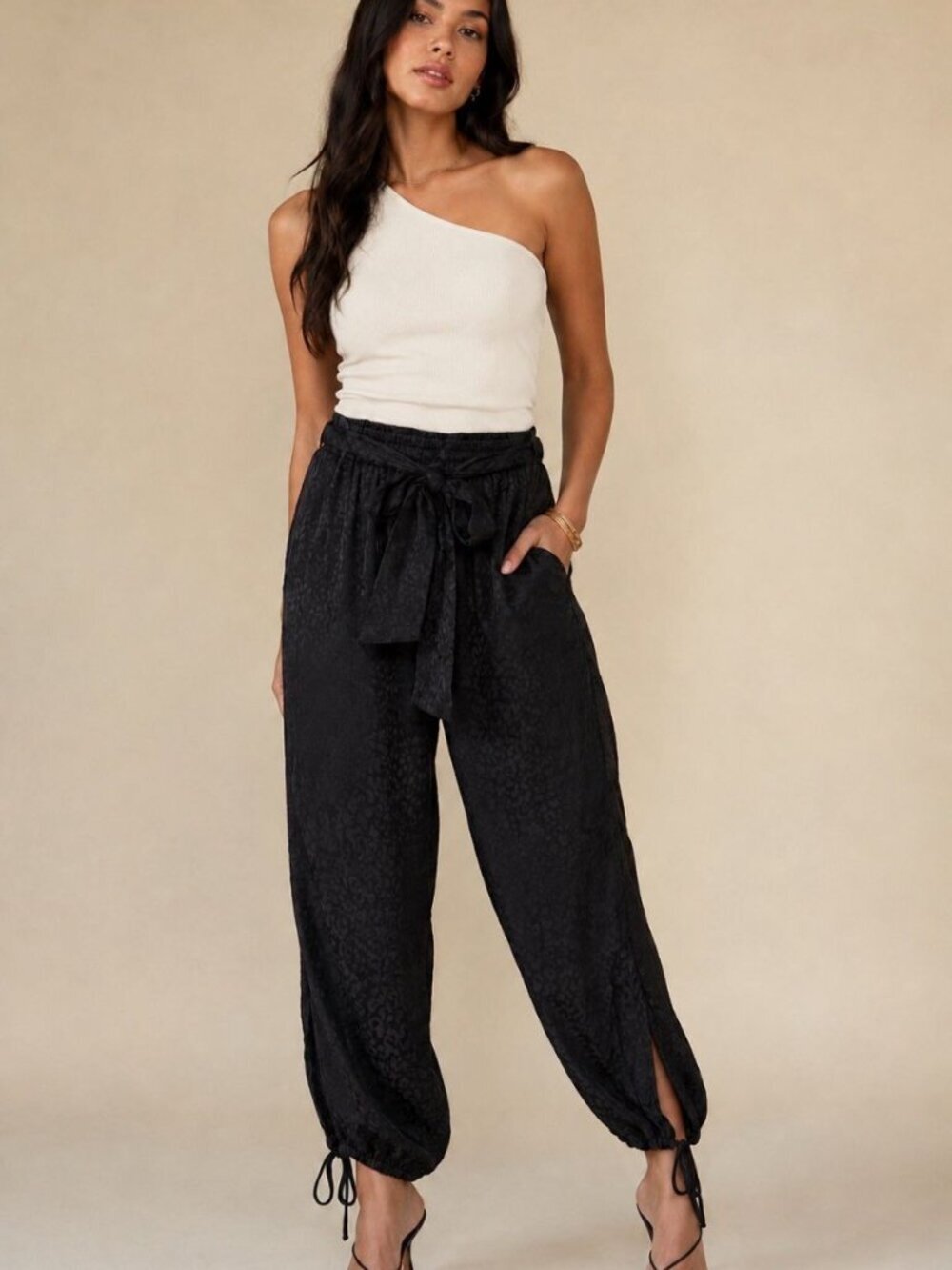 NWT Misa Black Pants XS Satin Jacquard Paperbag Waist Tie Ankle Slit Leopard Bow